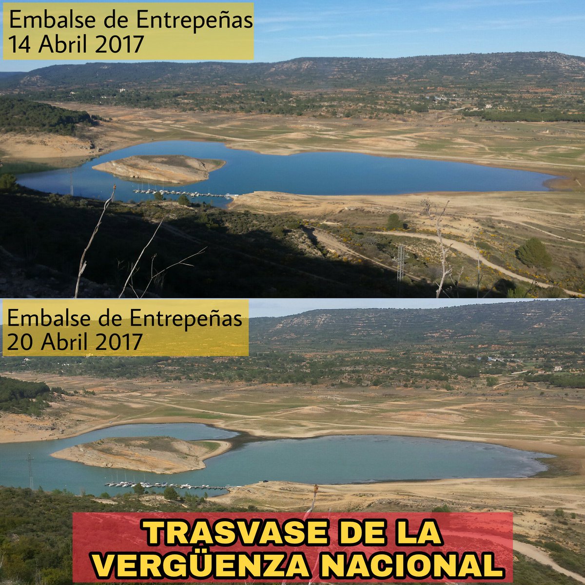 Así ha cambiado en solo seis días el embalse de Entrepeñas en esta montaje publicada por Rio Tajo Vivo