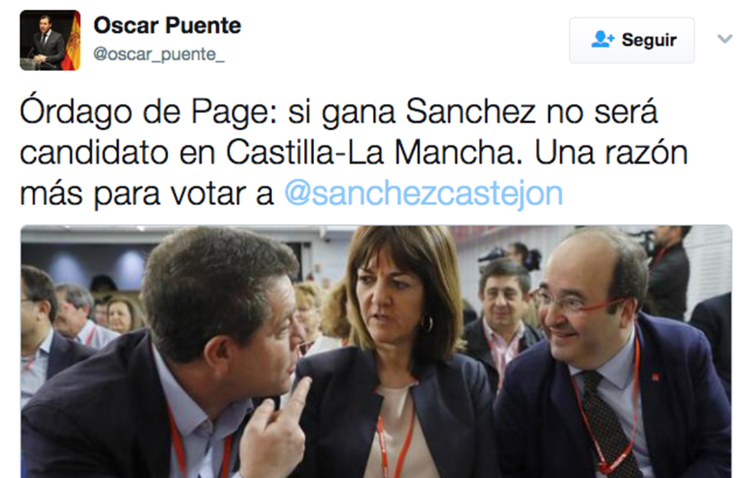 Tuit de Óscar Puente sobre Page