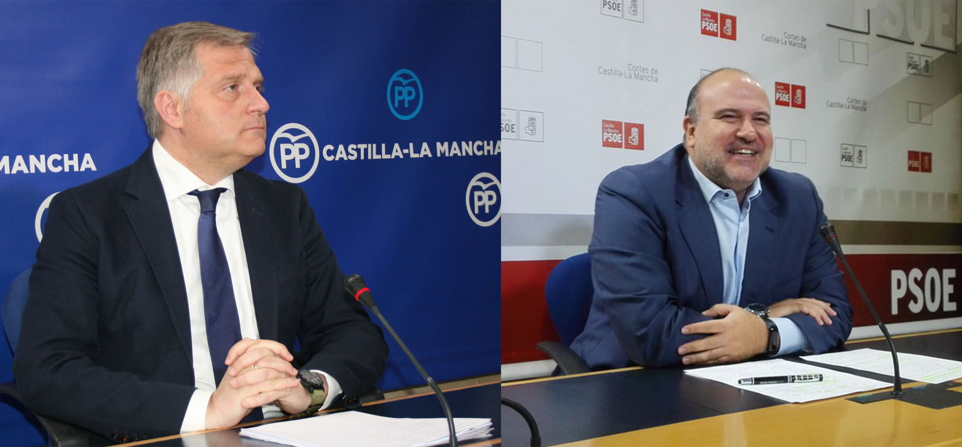 A la izquierda, el portavoz del PP en las Cortes de CLM, Francisco Cañizares; a la derecha, el diputado regional del PSOE, Fausto Marín, rifirrafe con Ruiz Molina de por medio