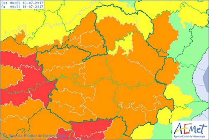 Mapa de alertas de Aemet para el jueves 13 de julio. alerta naranja