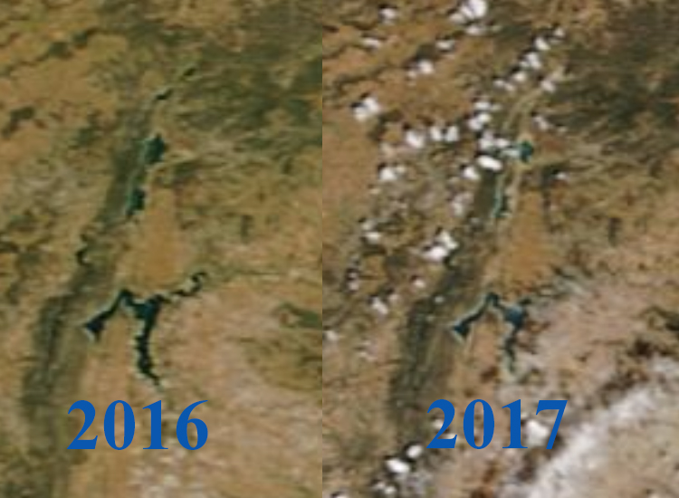 A la izquierda Entrepeñas y Buendía el 26 de junio de 2016; a la derecha, los pantanos de cabecera el 27 de junio de 2017.