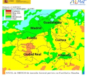 Mapa del índice de riesgo de incendios forestales en CLM.