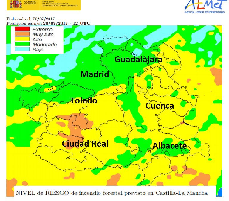 Mapa del índice de riesgo de incendios forestales en CLM.