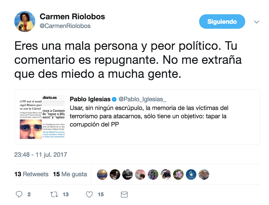 El tuit de Riolobos contestando a Pablo Iglesias.