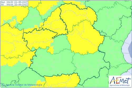 Mapa de la Aemet de alerta amarilla en Castilla-La Mancha