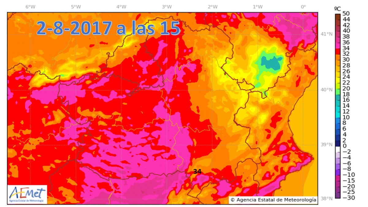 Mapa de temperaturas del 2 de agosto de 2017.