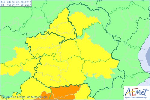 Mapa de avisos por altas temperaturas en Castilla-La Mancha el 6 de agosto.