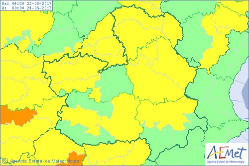 Mapa de avisos de Aemet para el miércoles 23 de agosto. Alerta amarilla