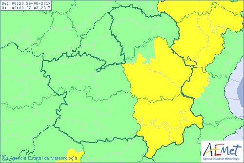 Mapa de avisos por tormenta de la Aemet para el sábado 16 de agosto.