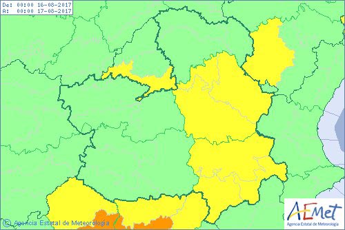 Mapa de avisos por altas temperaturas publicado por Aemet.