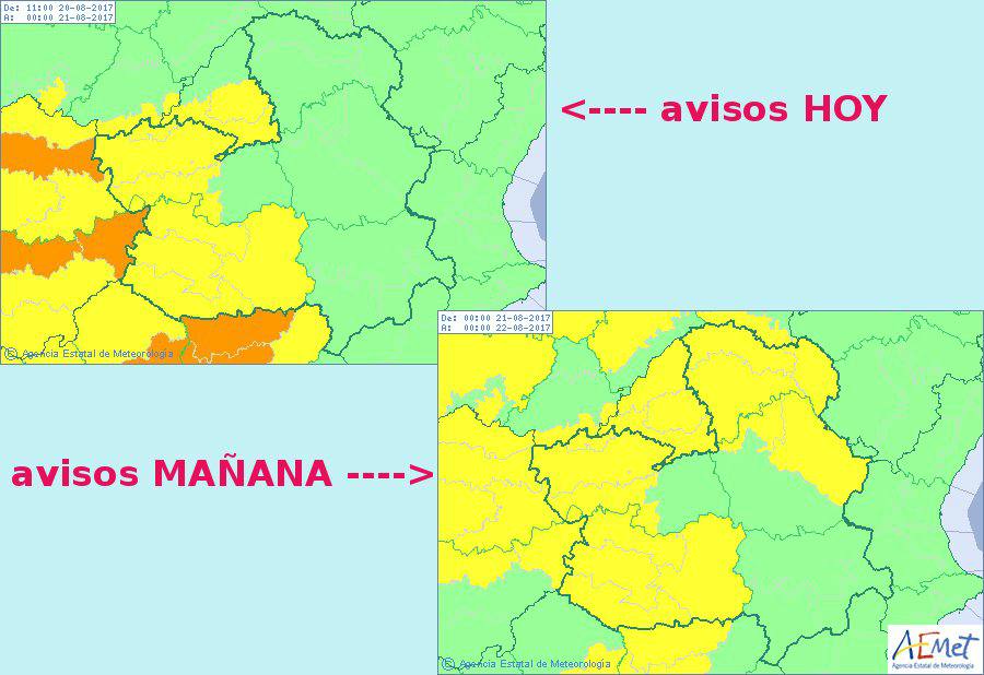 Mapa de avisos por temperaturas máximas.