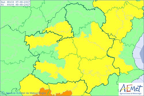 Mapa de avisos por altas temperaturas en Castilla-La Mancha.