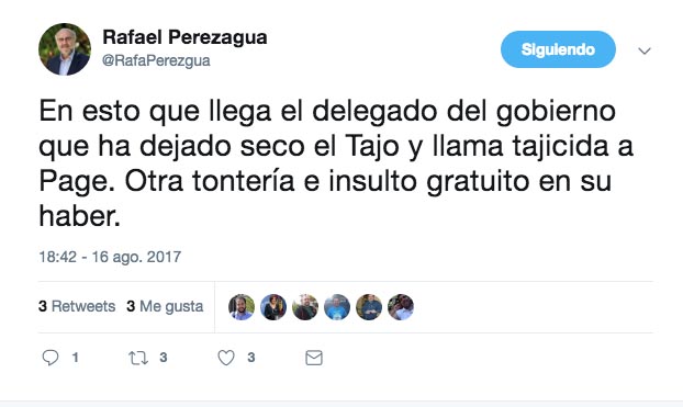 Mensaje publicado en Twitter por Rafael Perezagua.