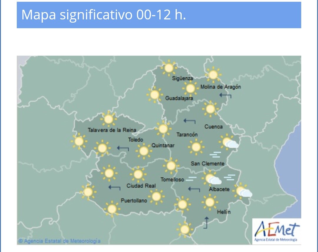 Mapa de la Aemet para CLM, con subida de temperaturas