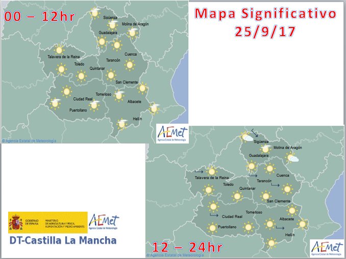 Mapa de la Aemet sobre el tiempo y las tempetaturas en Castilla-La Mancha