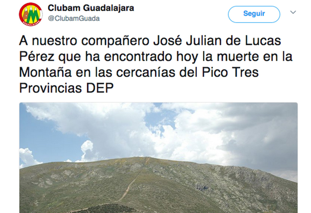 Mensaje de condolencias. Fuente: Twitter oficial del Club Alcarreño de Montañismo Guadalajara