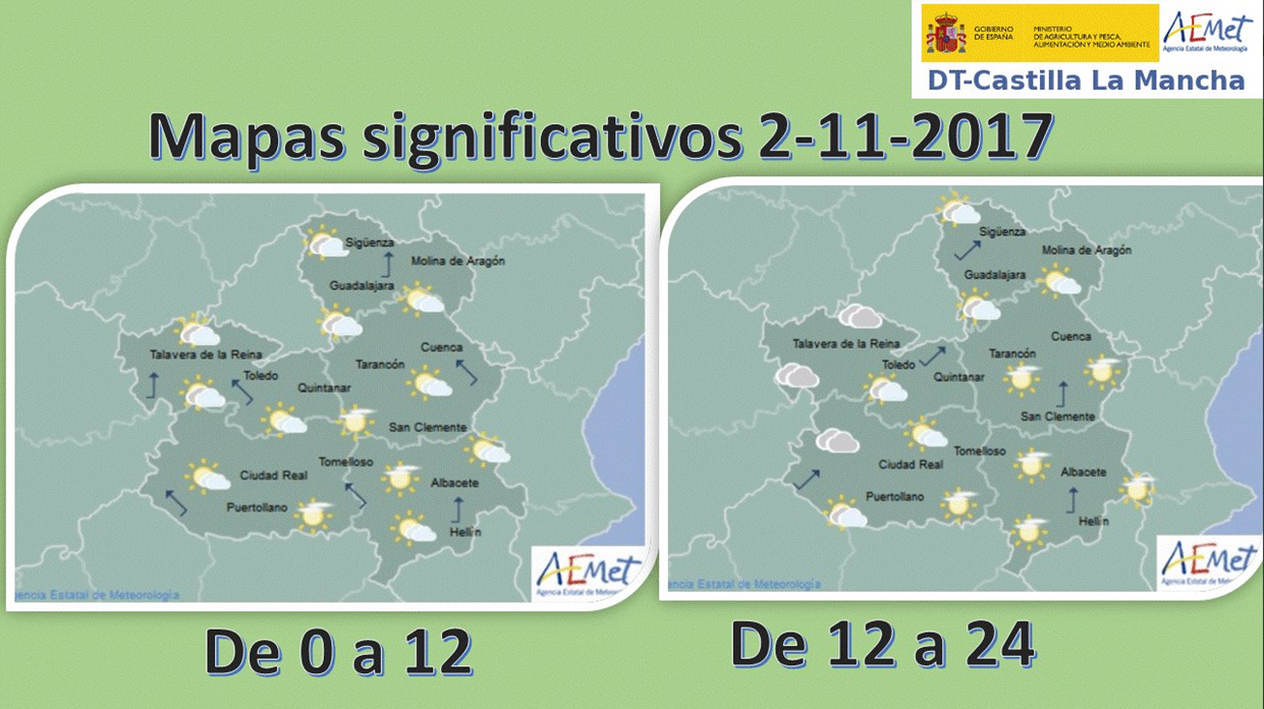Mapa del tiempo para el 2 de noviembre en Castilla-La Mancha. Fuente: Aemet