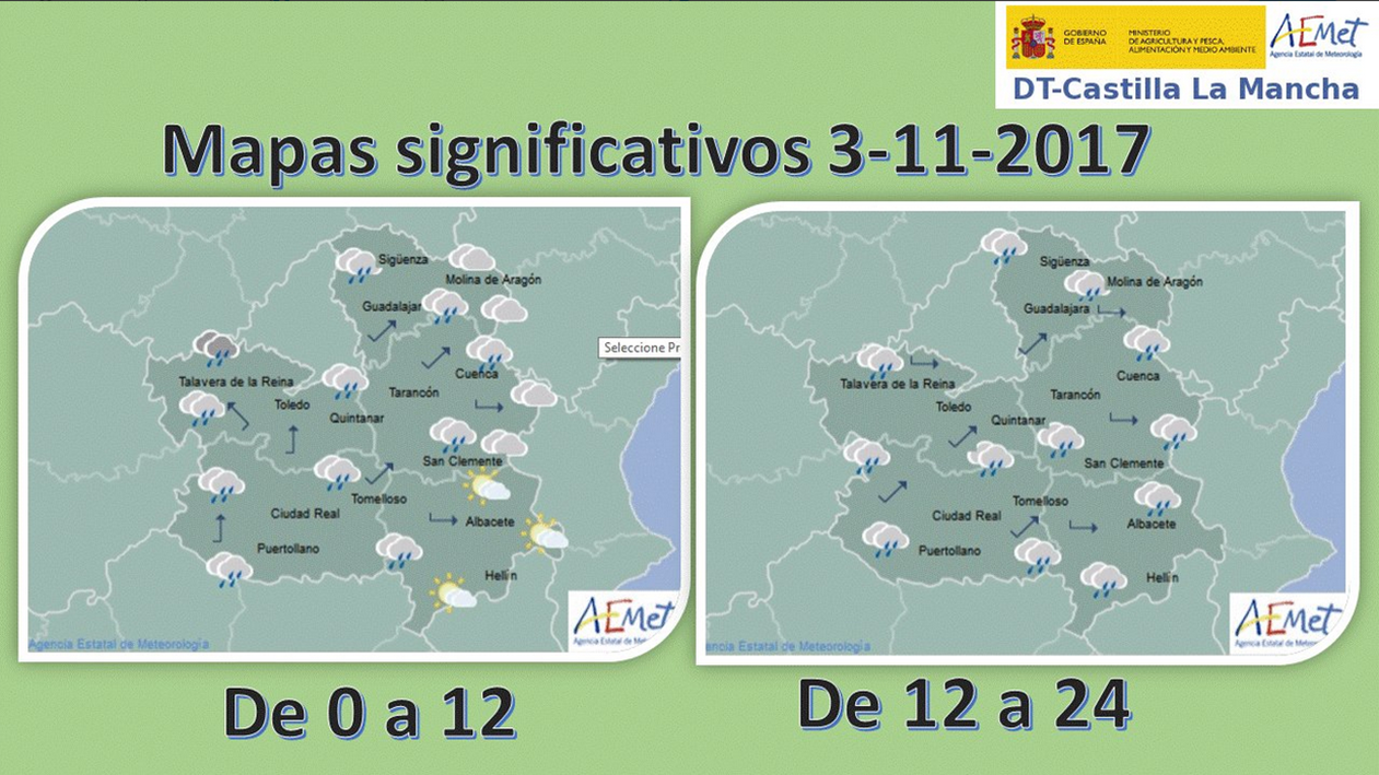 Mapa del tiempo para el 3 de noviembre en Castilla-La Mancha. Fuente: Aemet