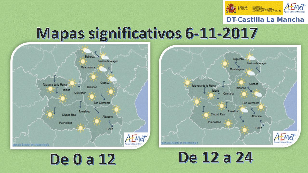 Mapa del tiempo para el 6 de noviembre en Castilla-La Mancha. Fuente: Aemet.