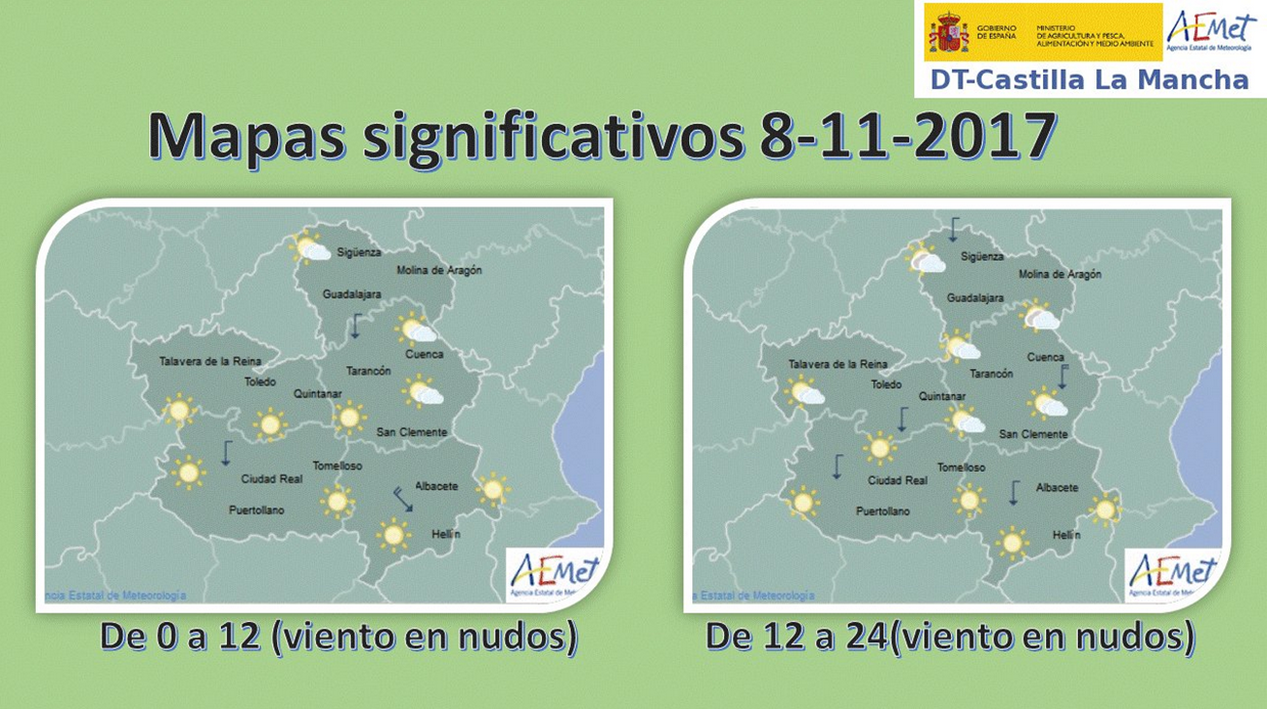 Mapa del tiempo pra el 8 de noviembre en Castilla-La Mancha. Fuente: Aemet.