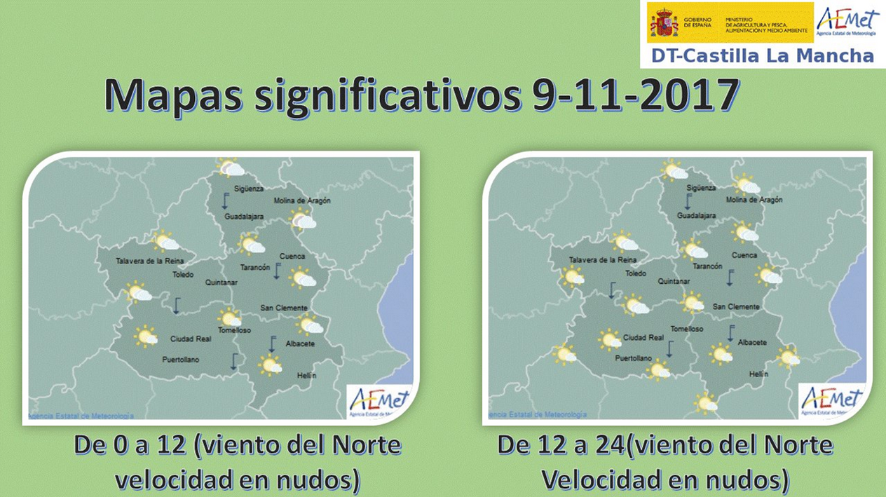 Mapa del tiempo para el 9 de noviembre en Castilla-La Mancha. Fuente: Aemet.