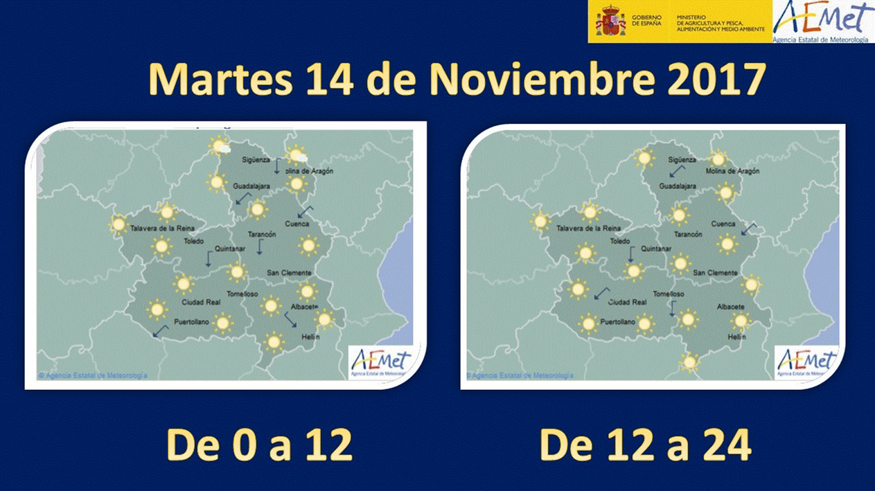 Mapa del tiempo para el 14 de noviembre en Castilla-La Mancha. Fuente: Aemet