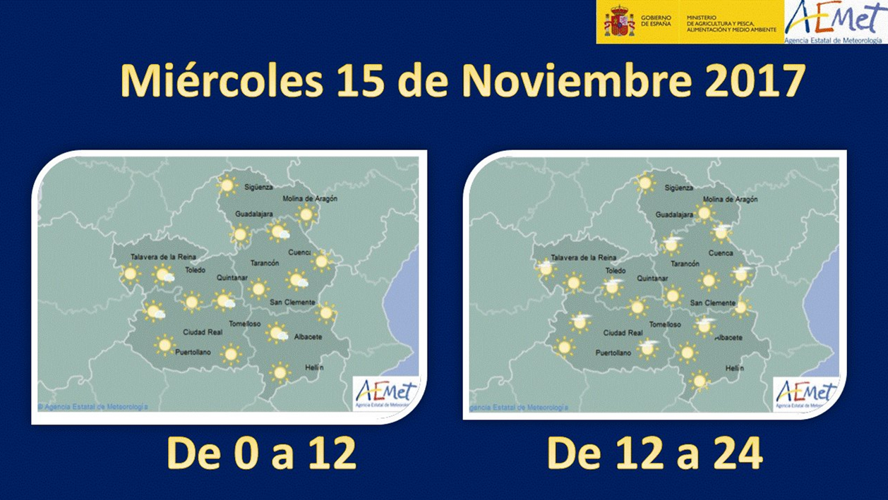 Mapa del tiempo para el 15 de noviembre en Castilla-La Mancha. Fuente: Aemet