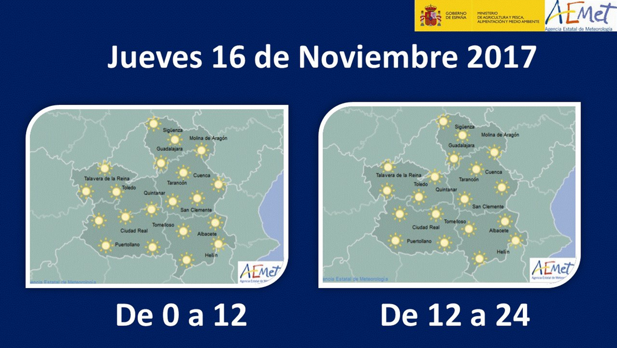 Mapa del tiempo para el 16 de noviembre en Castilla-La Mancha. Fuente: Aemet