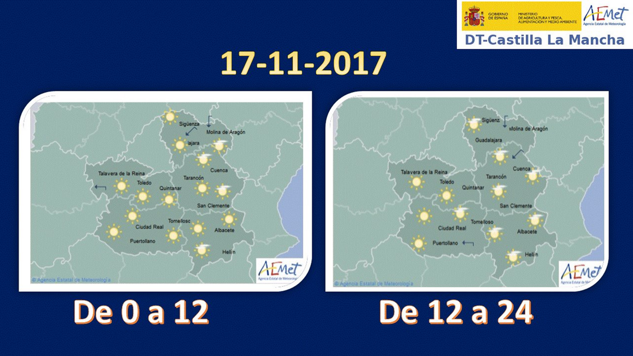 Mapa del tiempo para el 17 de noviembre en Castilla-La Mancha. Fuente: Aemet