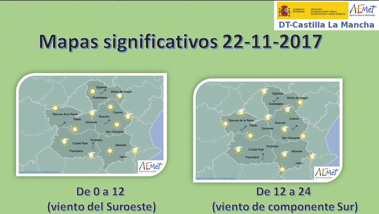 Mapa del tiempo para el 22 de noviembre en Castilla-La Mancha. Fuente: Aemet.