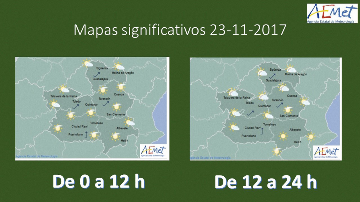 Mapa del tiempo para el 23 de noviembre en Castilla-La Mancha. Fuente: Aemet.