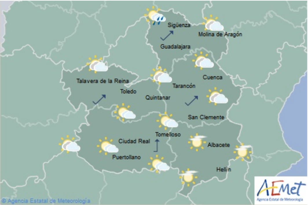 Mapa del tiempo para el 24 de noviembre en Castilla-La Mancha. Fuente: Aemet.