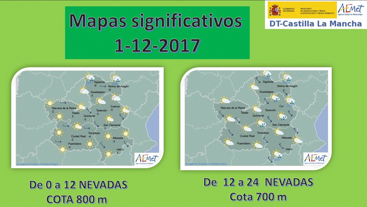 Mapa del tiempo para el 1 de dciiembre en Castilla-La Mancha. Fuente: Aemet.