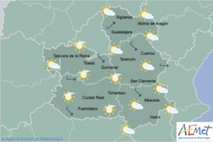Mapa del tiempo para el 7 de diciembre en Castilla-La Mancha. Fuente: Aemet.
