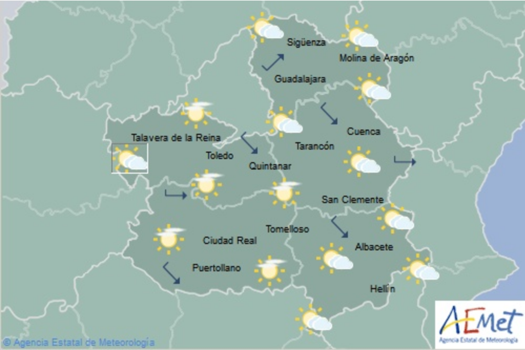 Mapa del tiempo para el 7 de diciembre en Castilla-La Mancha. Fuente: Aemet.