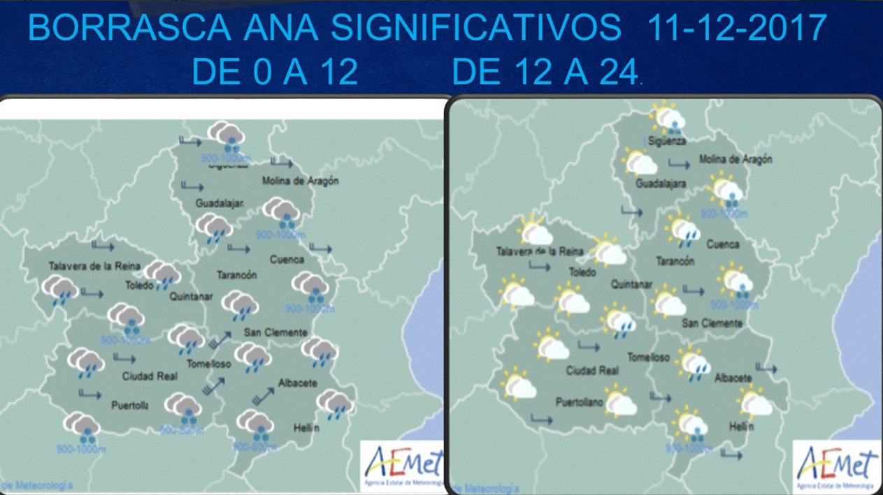 Mapa del tiempo para el 11 de diciembre en Castilla-La Mancha. Fuente: Aemet