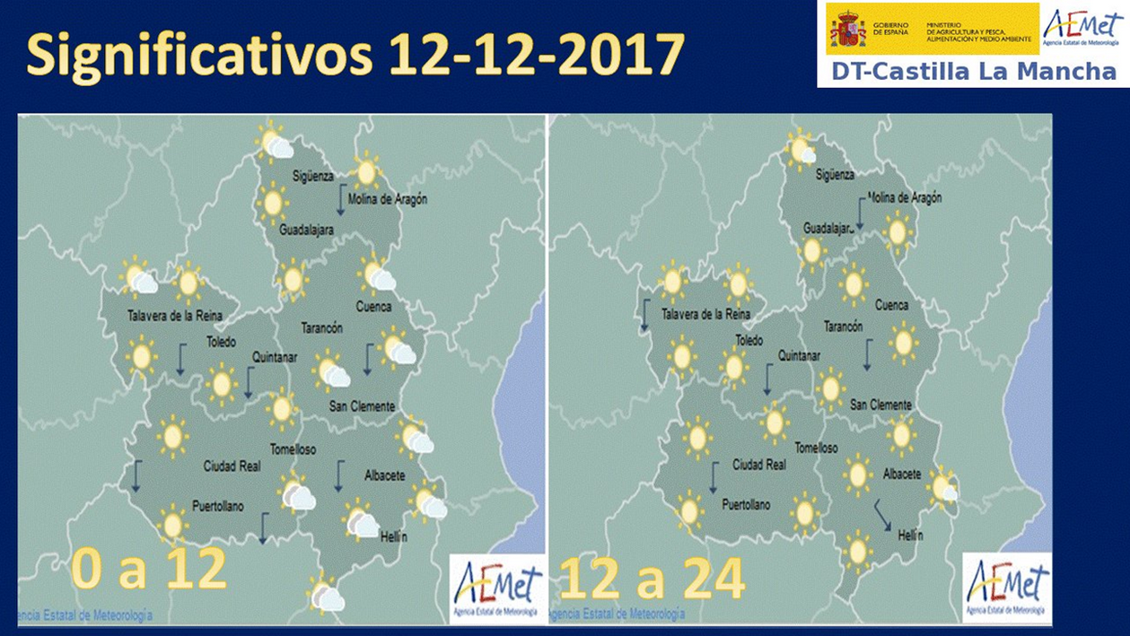 Mapa del tiempo para el 12 de diciembre en Castilla-La Mancha. Fuente: Aemet.