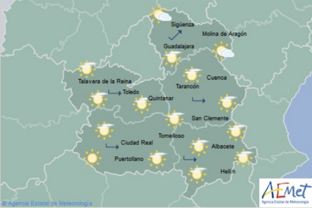 Mapa del tiempo para el 13 de diciembre en Castilla-La Mancha. Fuente: Aemet.