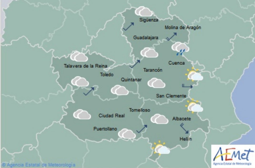 Mapa del tiempo para el 14 de diciembre en Castilla-La Mancha. Fuente: Aemet.