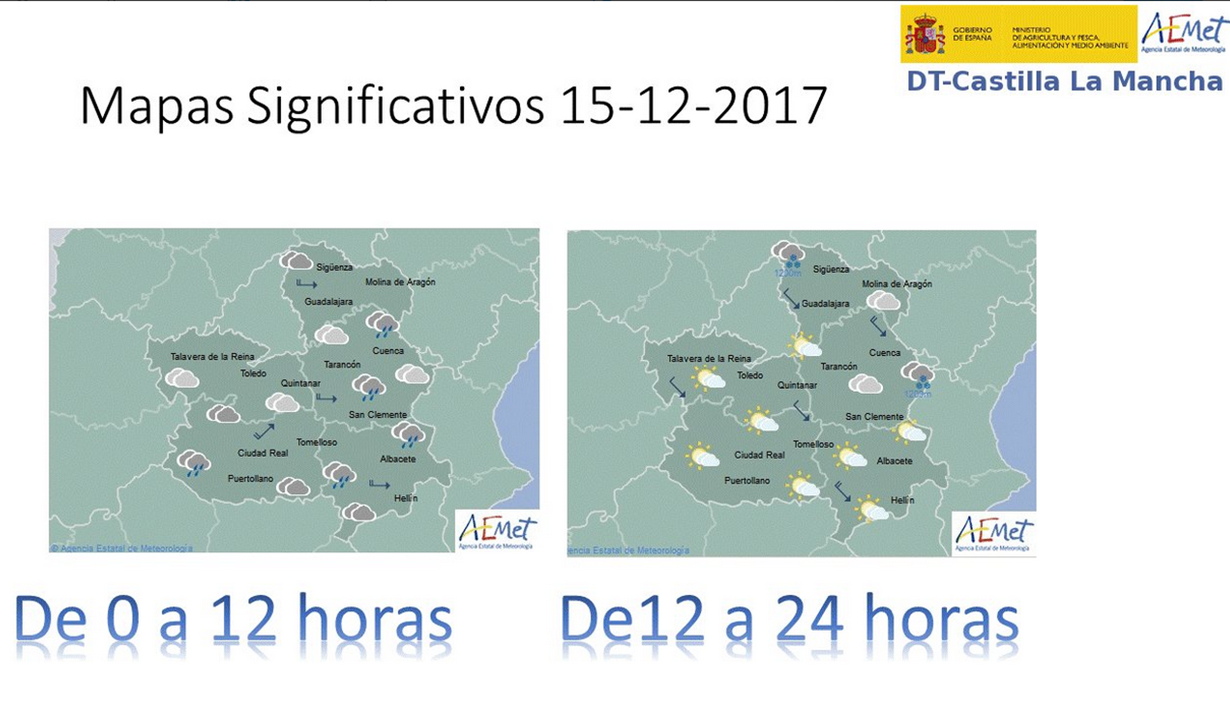 Mapa del tiempo para el 15 de diciembre en Castilla-La Mancha. Fuente: Aemet.