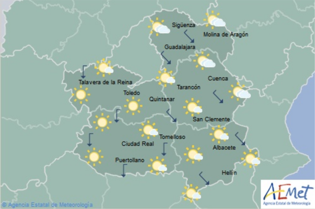 Mapa del tiempo para el 18 de diciembre en Castilla-La Mancha. Fuente: Aemet.