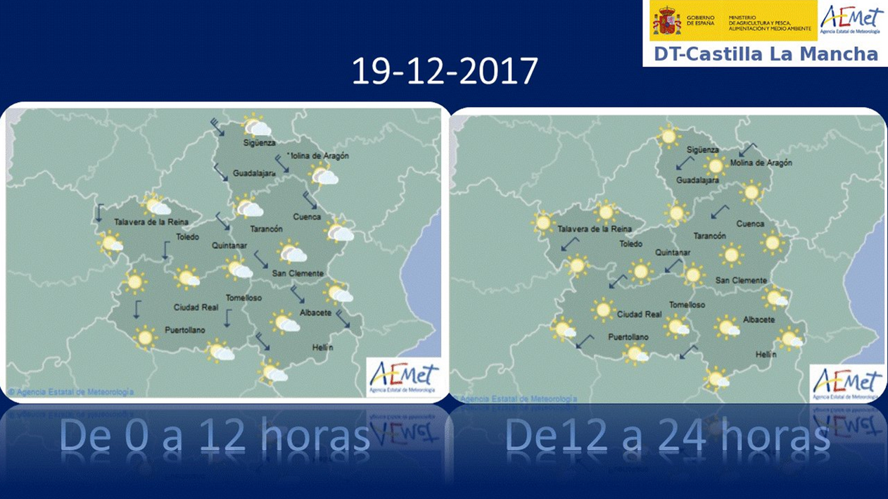 Mapa del tiempo para el 19 de diciembre en Castilla-La Mancha. Fuente: Aemet.
