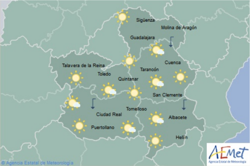 Mapa del tiempo para el 20 de diciembre en Castilla-La Mancha. Fuente: Aemet.