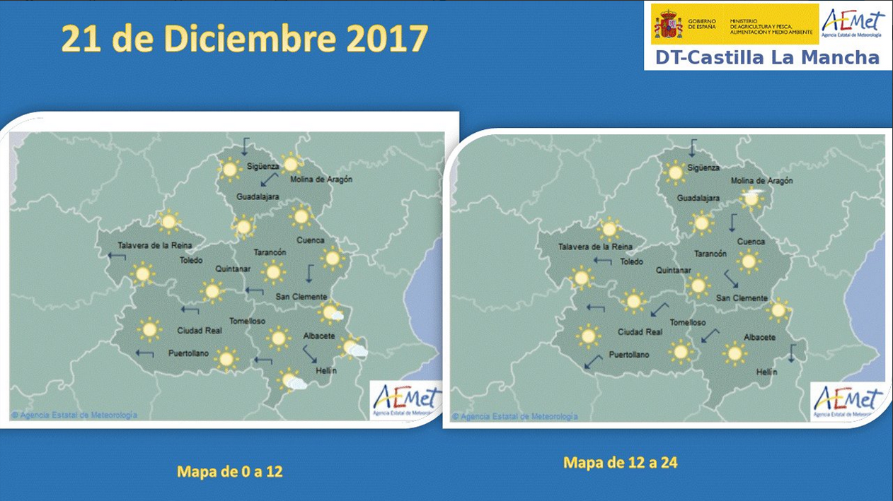Mapa del tiempo para el 21 de diciembre en Castilla-La Mancha. Fuente: Aemet.
