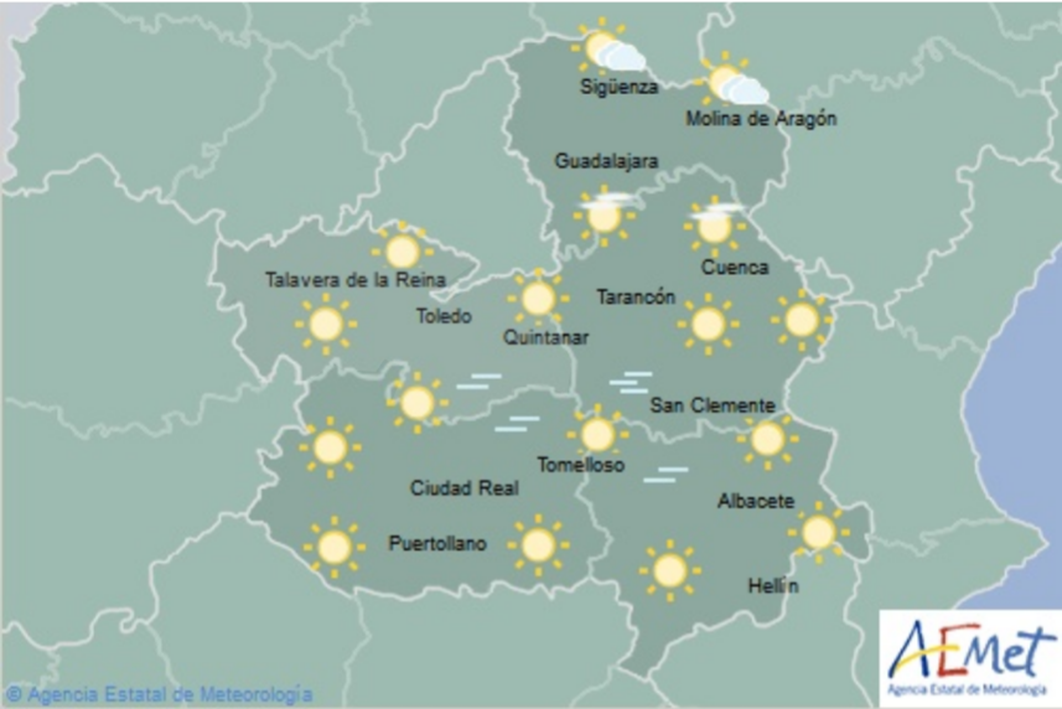 Mapa del tiempo para el 22 de diciembre en Castilla-La Mancha. Fuente: Aemet.