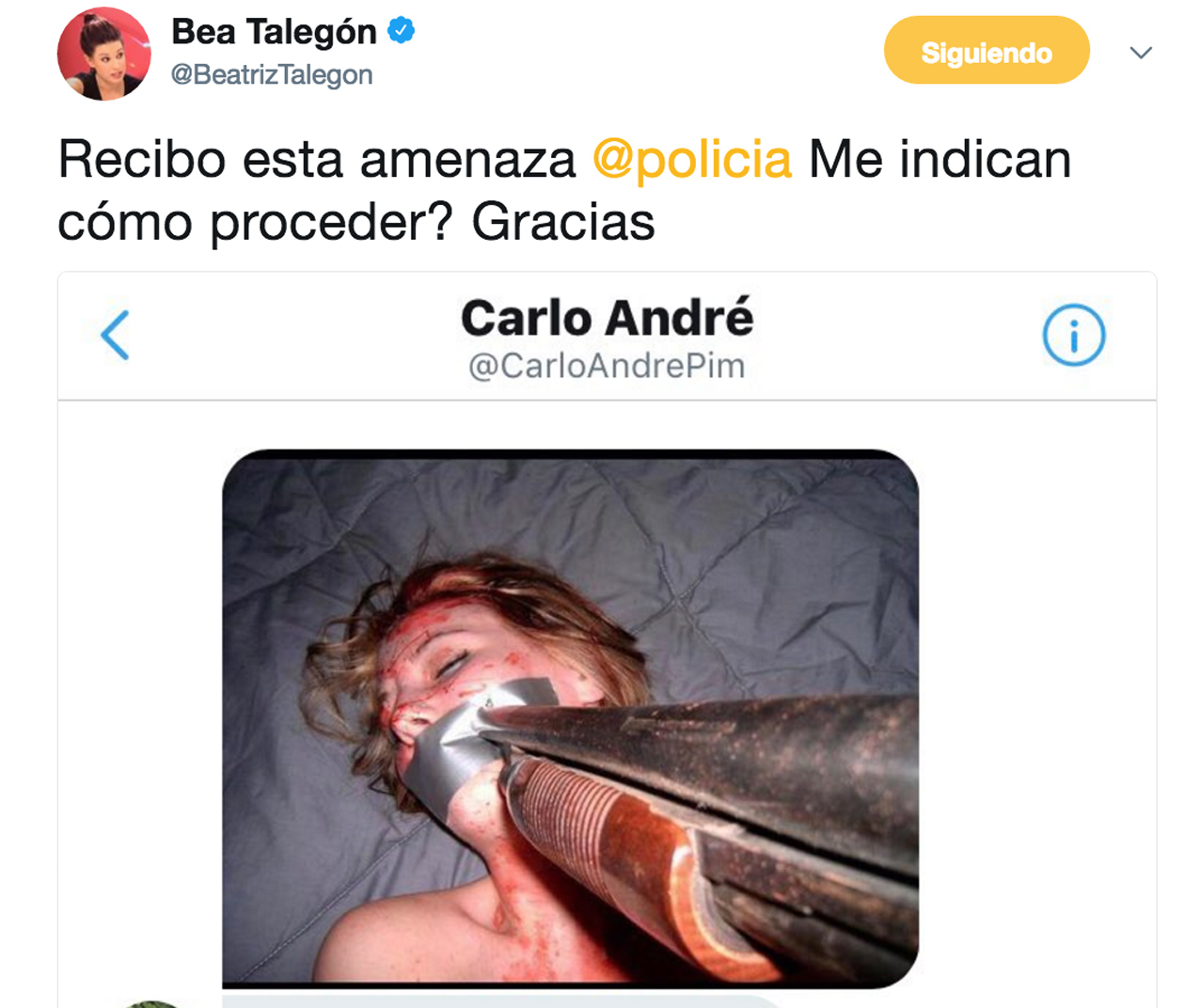 Imagen con la que amenazaron a Beatriz Talegón en Twitter.