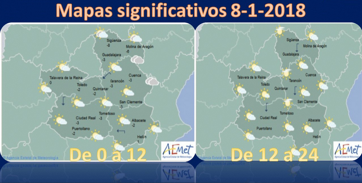 Mapa del tiempo para el 8 de enero en Castilla-La Mancha. Fuente: Aemet.