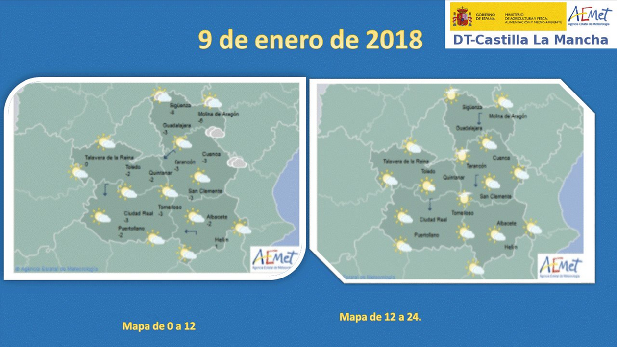 Mapa del tiempo para el 9 de enero en Castilla-La Mancha. Fuente: Aemet.