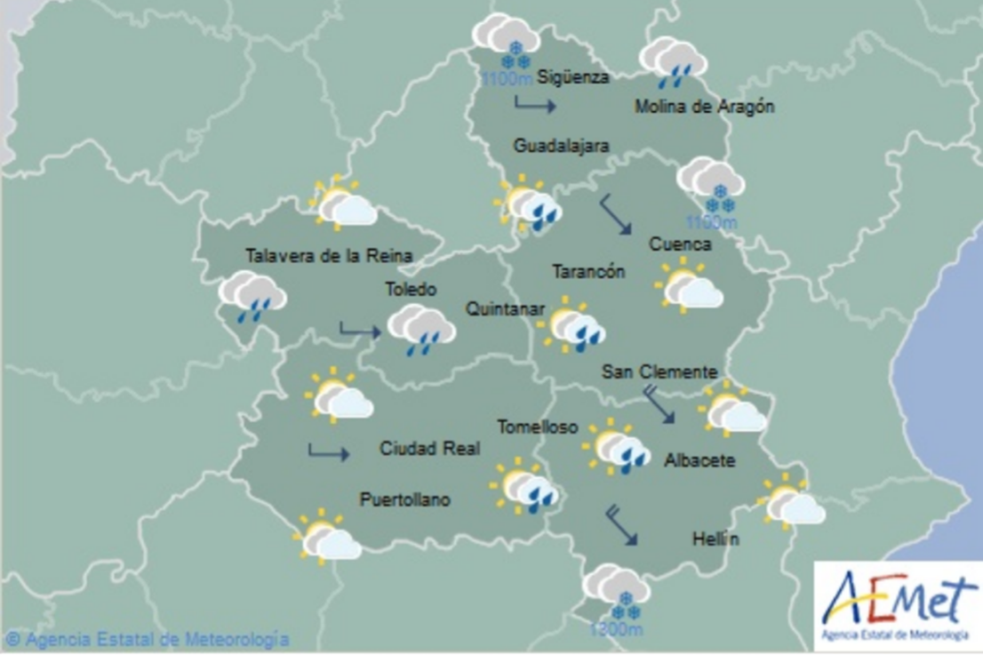 Mapa del tiempo para el 10 de enero en Castilla-La Mancha. Fuente: Aemet.