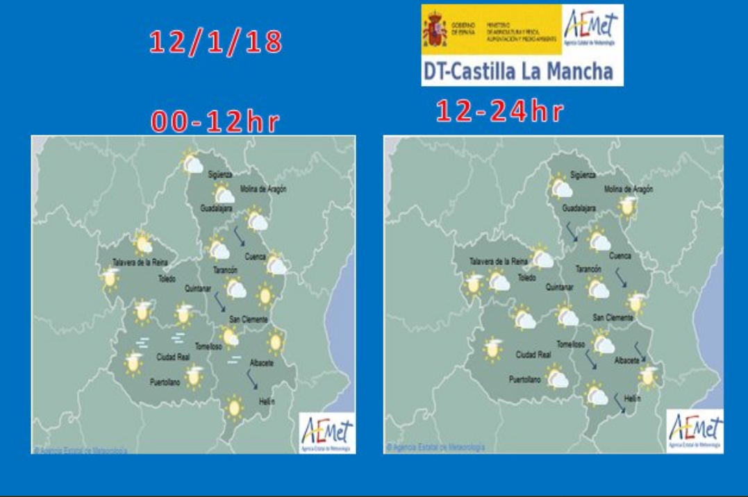 Tiempo para el 12 de enero en Castilla-La Mancha. Aemet.